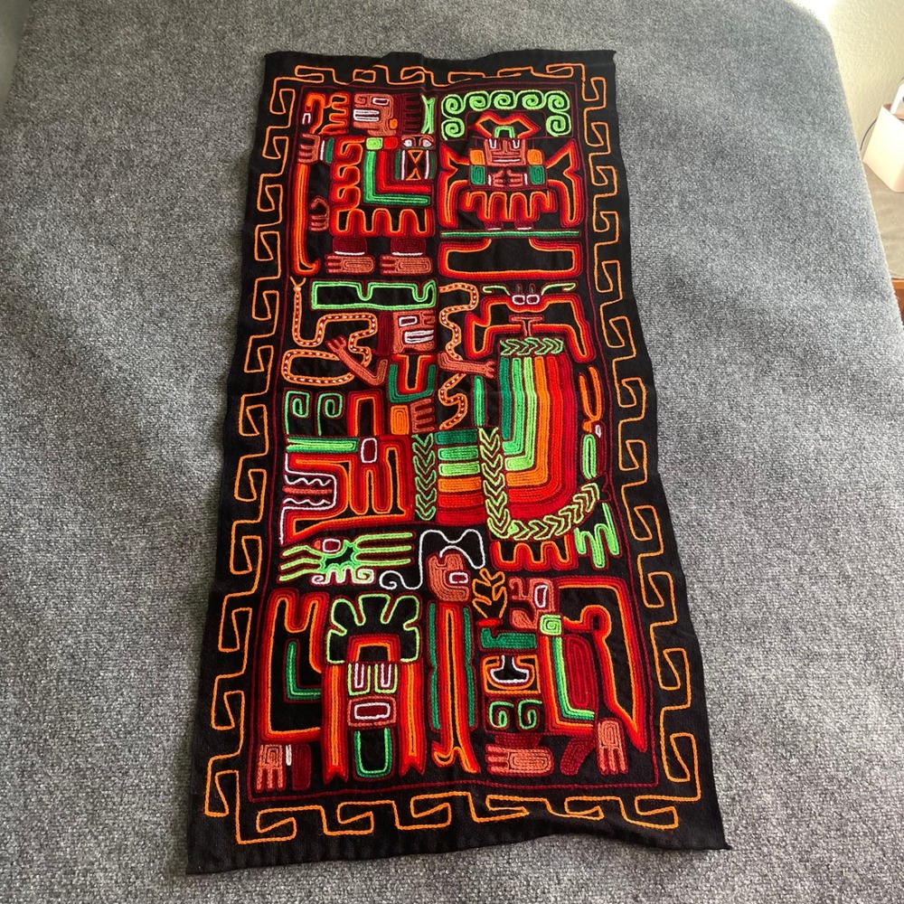 Peruvian Hand Embroidered Mola Textile Art Wall Hanging Incan Mythical Figures